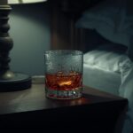 A glass of alcohol next to a bed, symbolizing how drinking, especially at night, disrupts sleep quality