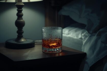 A glass of alcohol next to a bed, symbolizing how drinking, especially at night, disrupts sleep quality