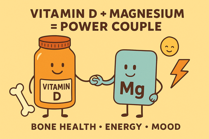A graphic showing that Vitamin D and Magnesium work together as a "power couple" to support bone health, energy, and mood