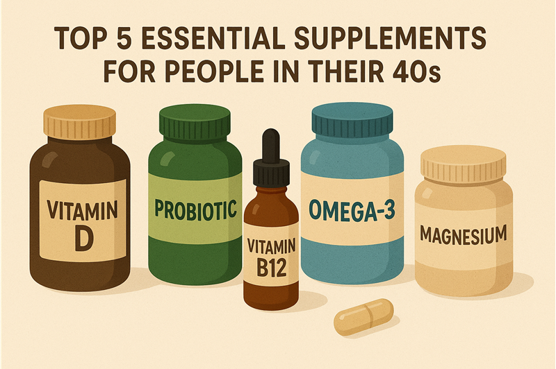 The top 5 essential supplements for people in their 40s, arranged neatly.
