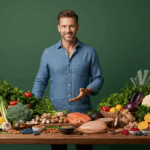 A man in his 40s surrounded by healthy foods that support testosterone, vitality, and prostate health
