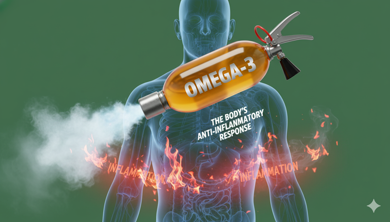 An Omega-3 supplement capsule shown as a "fire extinguisher" for inflammation in the body.