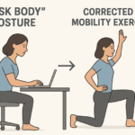 A diagram showing how "desk body" posture—tight hips, rounded shoulders—is corrected by mobility exercises