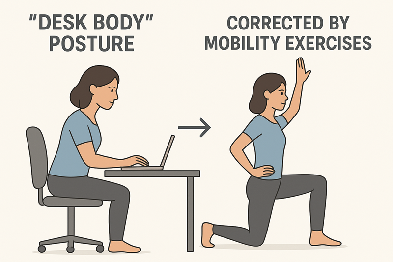 A diagram showing how "desk body" posture—tight hips, rounded shoulders—is corrected by mobility exercises